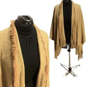 Vintage Fur Trim Wool? Knit Shawl Scarf Fringe Blanket Wrap Stole 58"x70" Camel